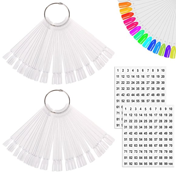 JASSINS 100 Pcs Clear Fan-shaped False Nail Swatch Sticks Nail Polish Practice Display Art Tips Nail Sample Sticks With Metal Split Ring C33
