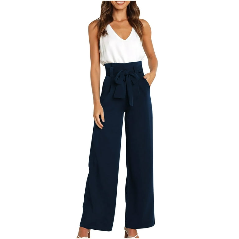 Women's High Waisted Suit Pants Tie Waisted Business Casual Wide Straight  Leg Pants Trousers Office Ladies Pants 
