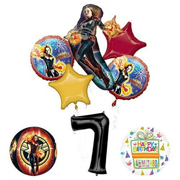 Captain Marvel 7th Birthday Party Supplies Balloon Bouquet Decorations with 4 Sided Orbz Balloon