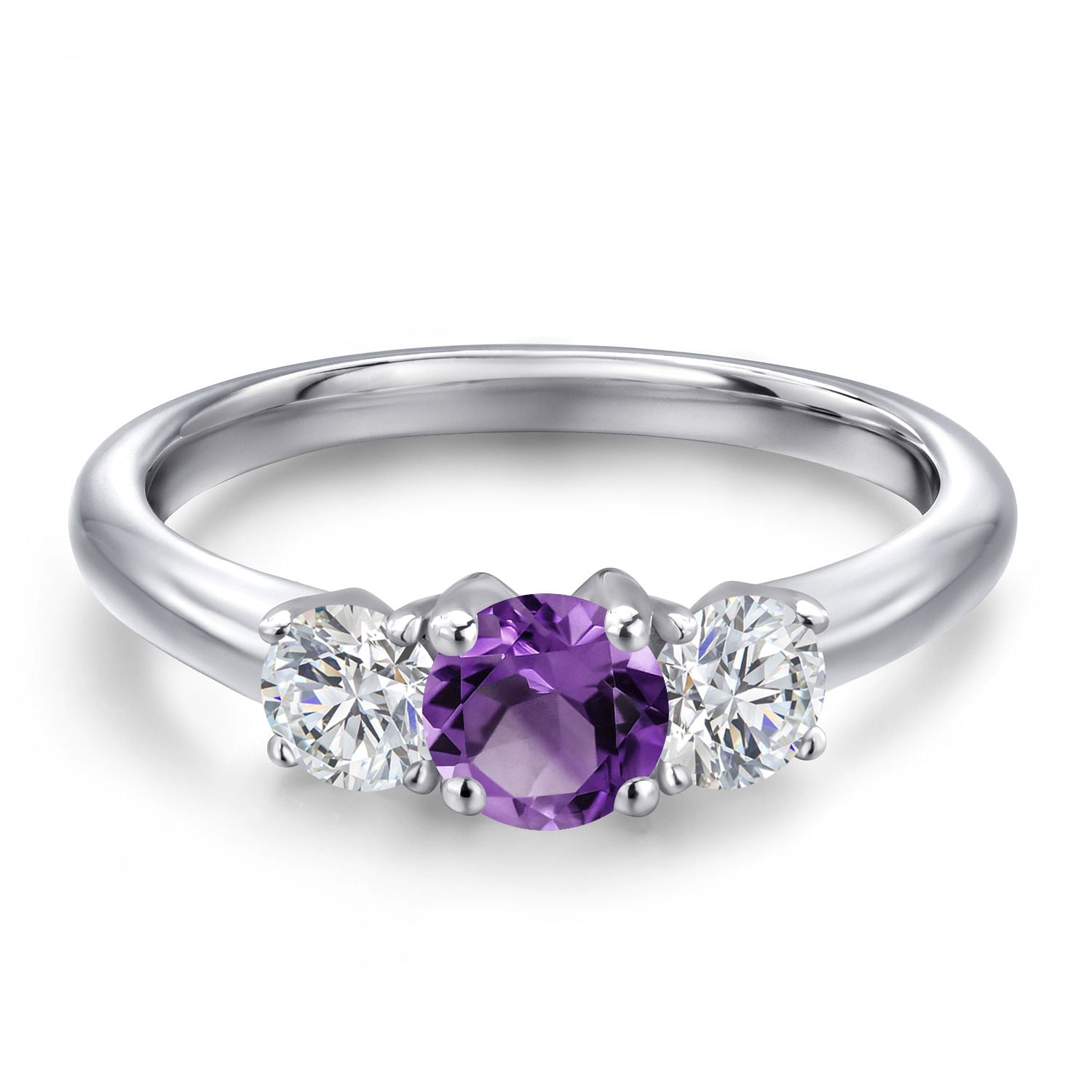 Gem Stone King 925 Sterling Silver Purple Amethyst and Lab Grown Diamond 3-Stone Engagement Ring for Women | 1.02 Cttw | Round 5MM | Gemstone February Birthstone (Size 8)