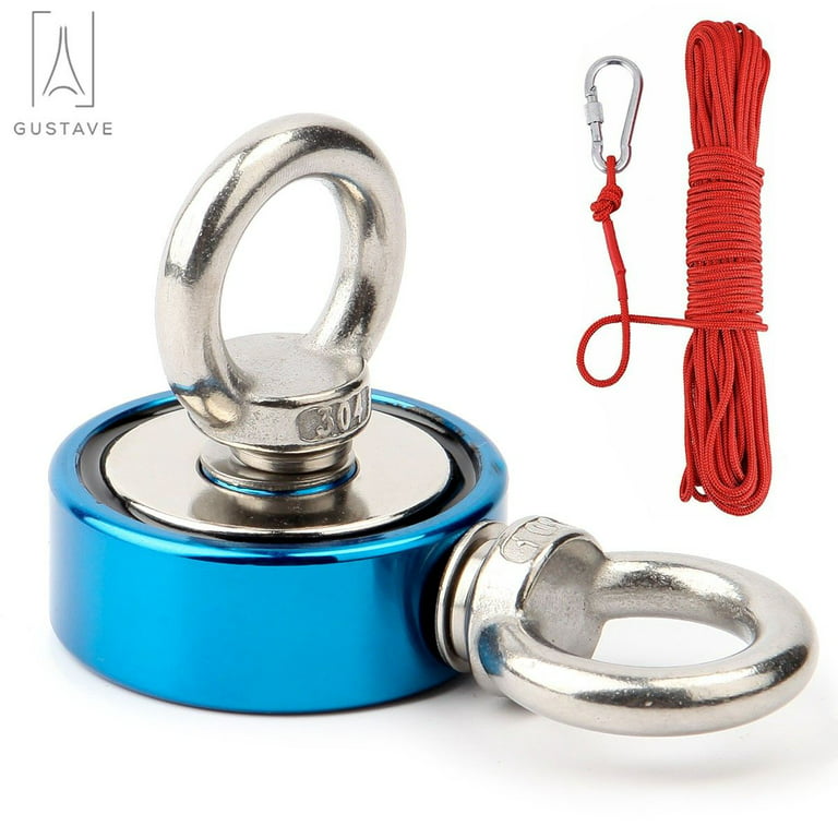 Gustave 500lbs Pulling Force Round Double Sided Fishing Magnet Super Strong Neodymium Thick Eyebolt with 10M Rope for River Magnetic Recovery Salvage