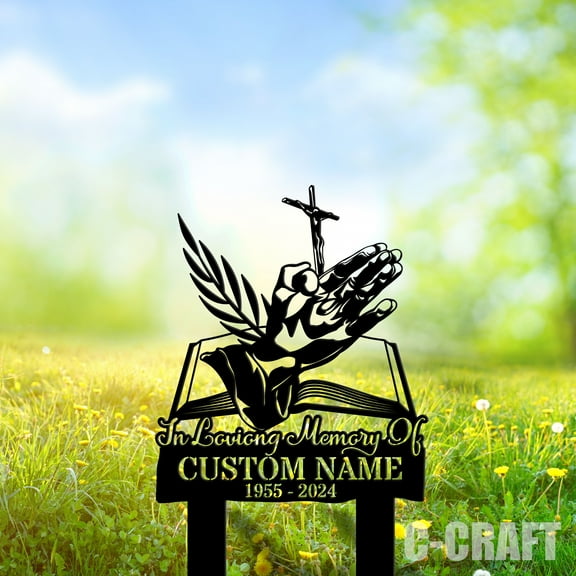 C-CRAFT Custom Cross With Praying Hand Bible Laurel Memorial Metal Garden Stake Weather Resistant