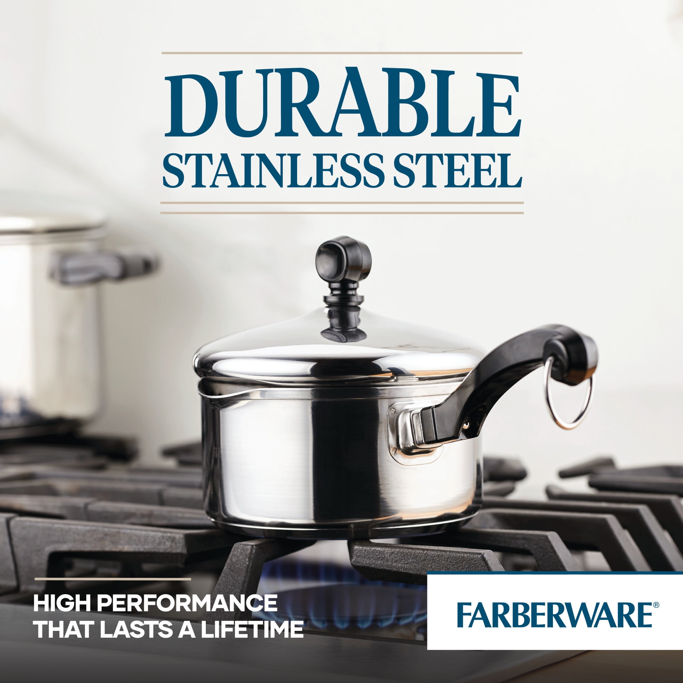 Farberware Dishwasher Safe Nonstick Aluminum 1-Quart Champagne Covered Straining Saucepan with Pour Spouts