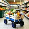 thumbnail image 2 of Outdoor Garden Wagon Cart with Wood Rails & Air Tires,All-Terrain Pull Cart for Yard Work, Hauling, Beach, and Camping,176lbs Capacity,Blue, 2 of 9