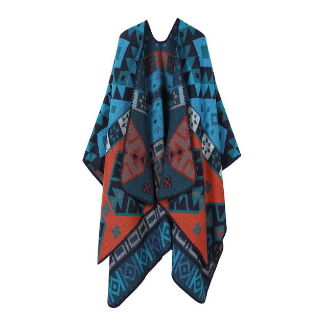 Aocisk Cape Tricotée Ethnique Rétro Femme Bohème Grande Mode Confortable Châle Bleu
