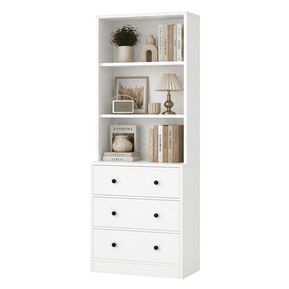 RichYa 71'' Tall Bookcase with 3 Drawers, 3-Tier Open Display Bookshelves, Freestanding Storage Cabinet for Home Office,Living Room,White