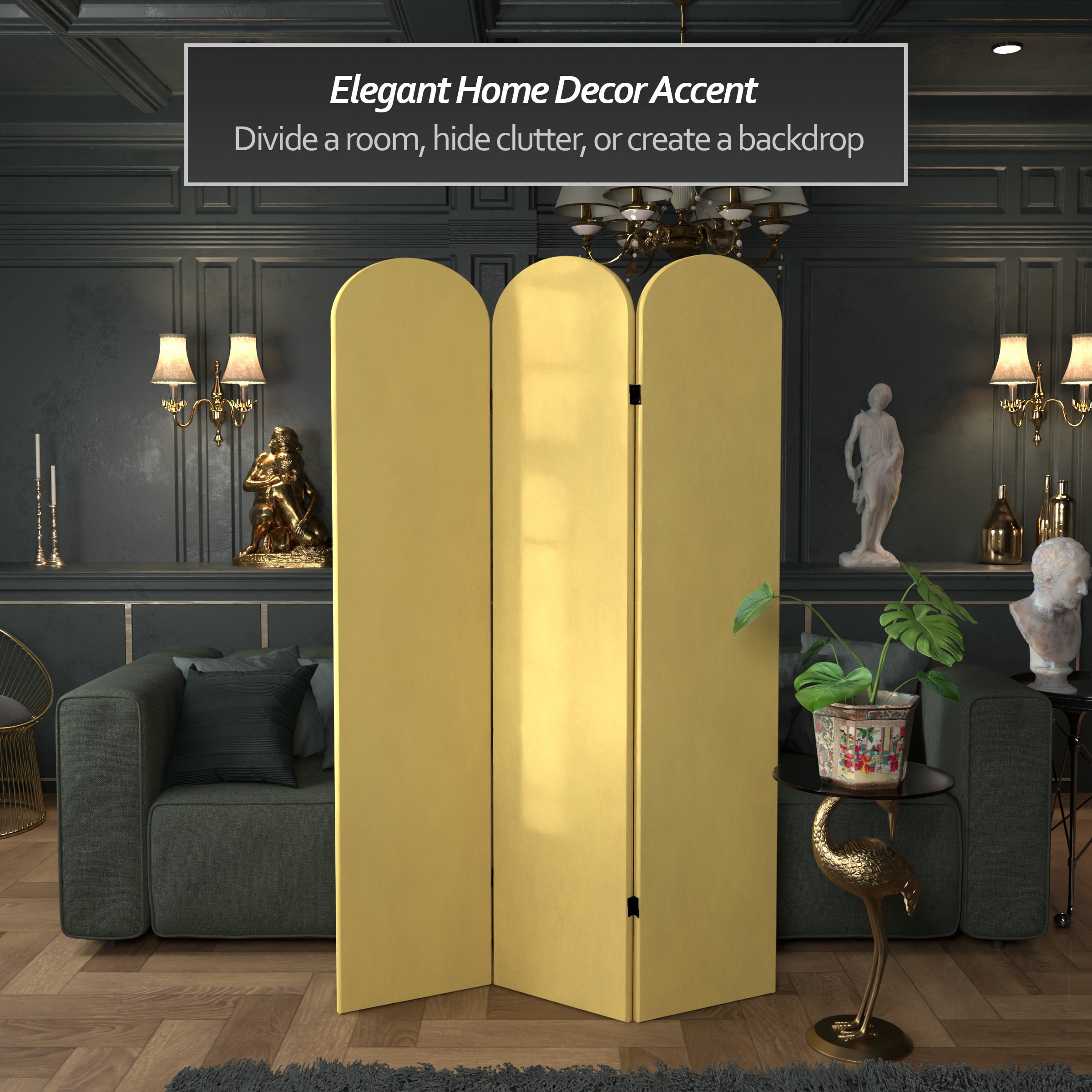 6 ft. Classic Arch Velvet Room Divider Yellow 3 Panel
