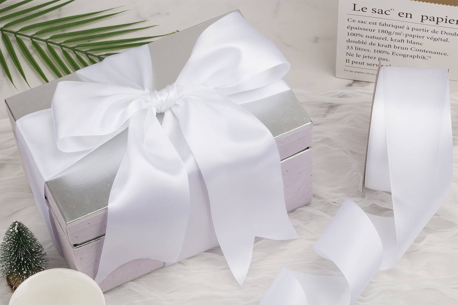 Ribbonitlux White Satin Ribbon 4 inch Double Sided Quality Satin for Weddings, Invitations, Sashes, Crafts, Apparel, Headbands - 50 Yds/roll