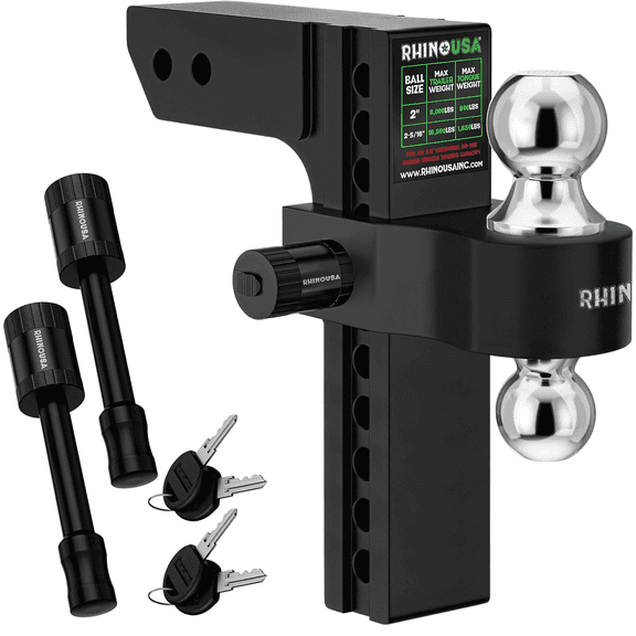 Rhino USA Adjustable Trailer Hitch (Fits 2.5-Inch Receiver)-Heavy Duty Aluminum Tow Hitches with 10-Inch Drop/Rise for Truck (18,500 LBS GTW)- Weatherproof Double Anti-Theft Locking Hitch Pins Black