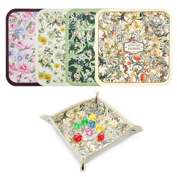 Sekonow 4 Pack Dice Tray for Rolling, Vintage Flower Folding Dice Box Tabletop Mat, PU Leather Board Game Storage Holder for DND Accessories