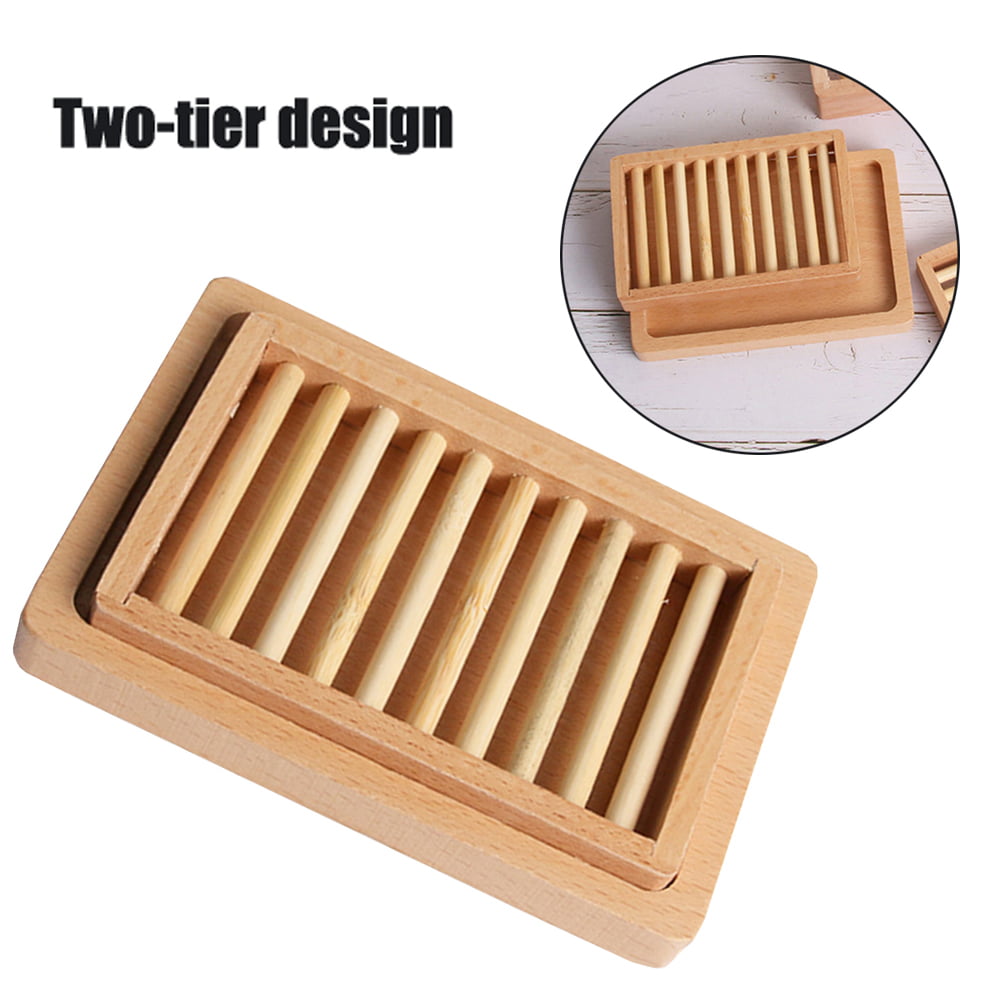 3x Natural Wooden Bamboo Soap Dish Tray Holder Storage Soap Rack Box Soap Dishes 