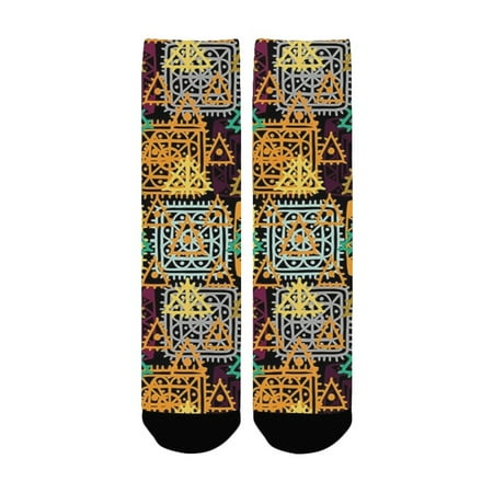 

Modern Art Home Decor Folk Aztec Motif with Ornate Triangles Rounds and Inner Spots Dots Figures Mul Women s Custom Socks (Made In USA)