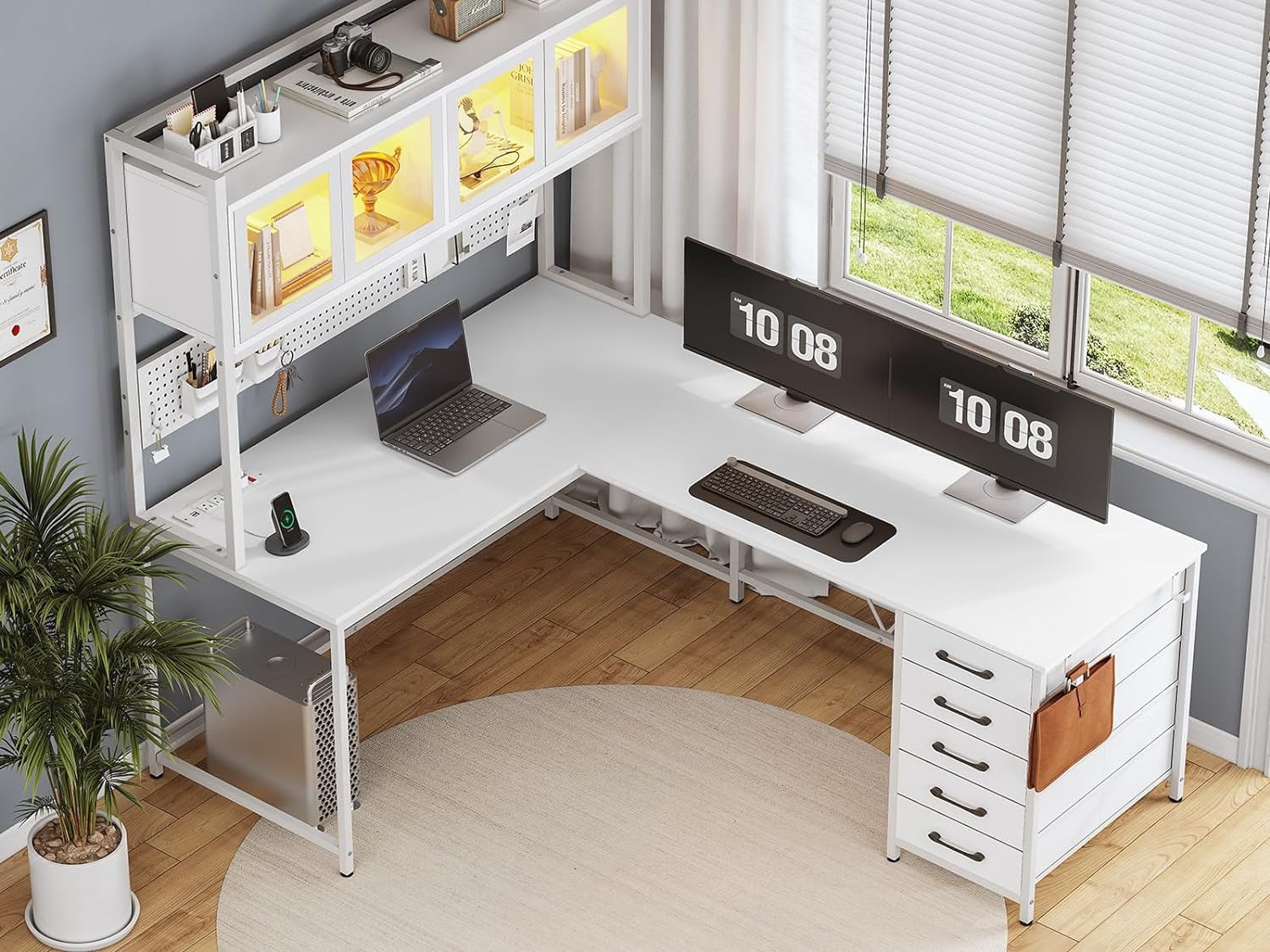 L-Shaped Computer Desk with LED Strips&Display Cabinet Reversible Gaming Desk with Power Outlets/5 Drawers/Pegboard for Office, White