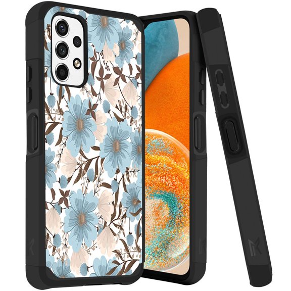 ANJ  Rugged Dual Layered Shockproof Slim Hybrid Case   Tempered Glass Cover Compatible with Samsung Galaxy A23 5G - Blue Floral