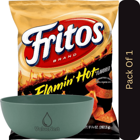 Fritos Flamin’ Hot Flavored Corn Chips 9.25 oz Bag with Olive Green Bowl by ValueNest