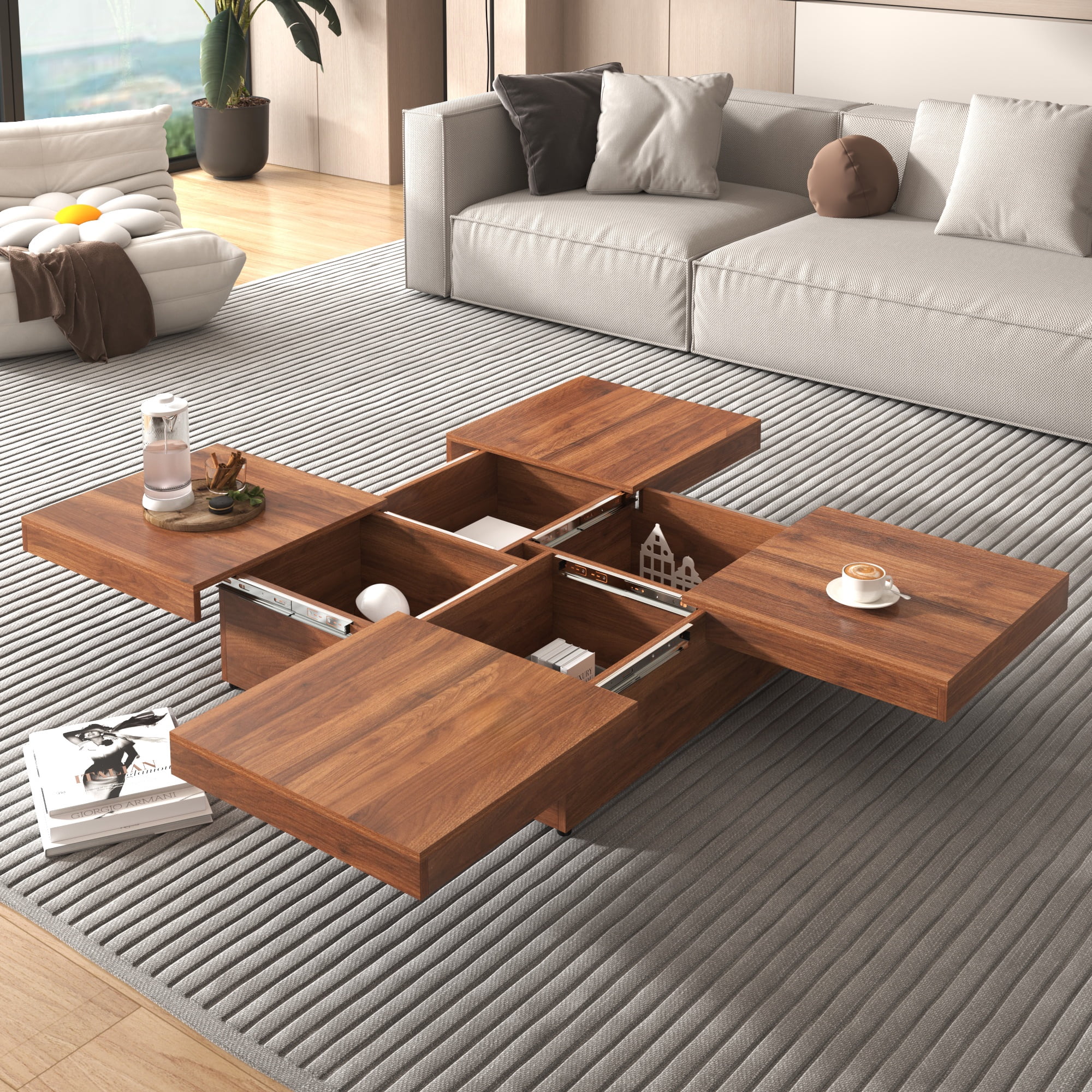 PORKISS Square Coffee Table, Modern Coffee Table with Sliding Top and Storage Space, Cocktail Table with Storage and Grain Veneer Finish, Freestanding Storage Coffee Table for Living Room, Walnut