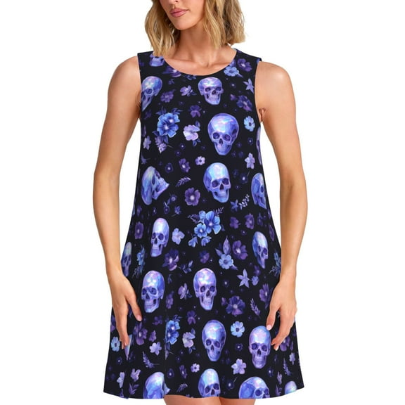 Spring Summer Dresses for Women 2025 - Skull Flower Leaf Purple Swimsuit Coverup Sundresses for Women, Beach Vacation Clothes for Women, Hawaiian Tshirt Dresses for Women