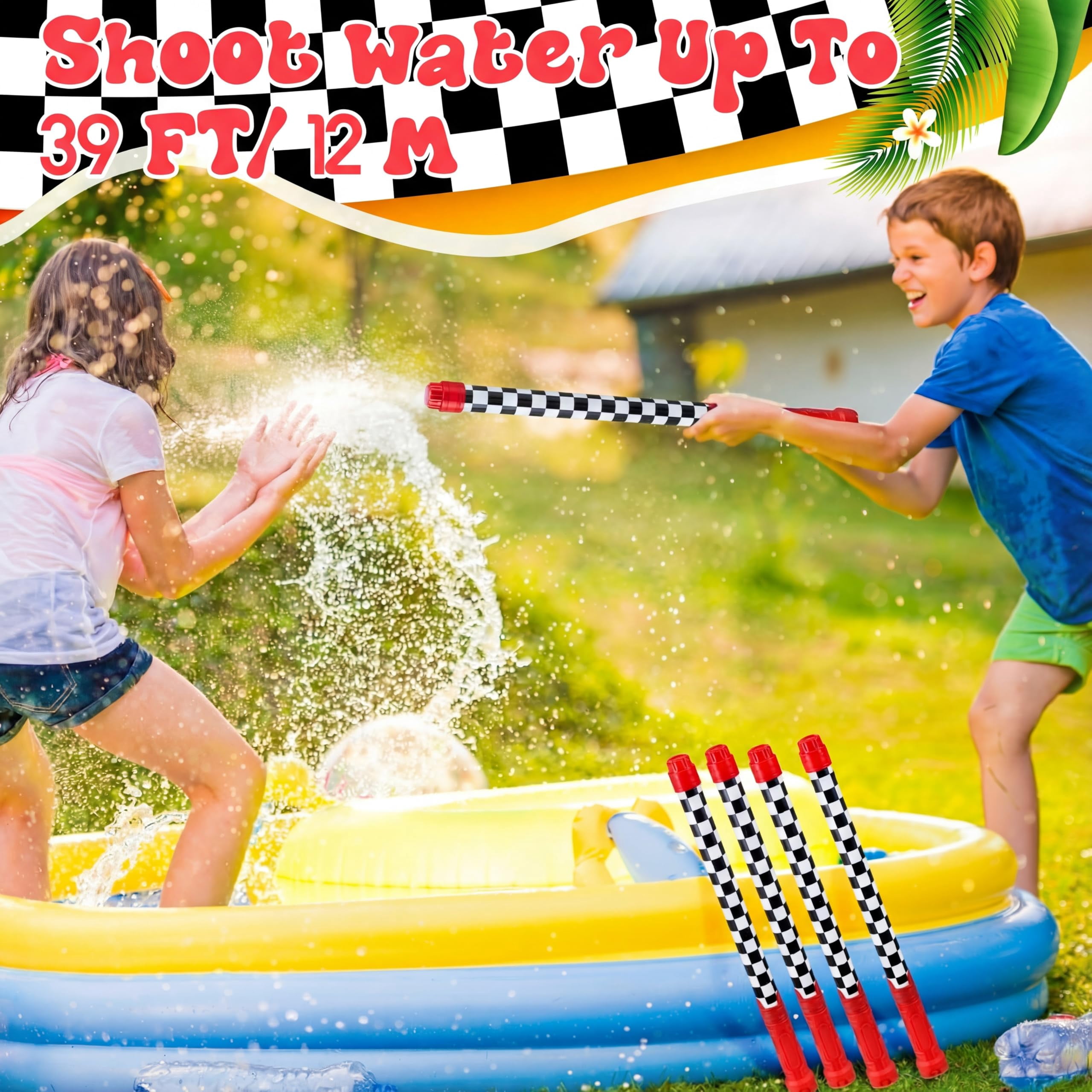 6 Race Car Water Blaster Shooters Black and White Checkered Summer Pool Beach Party Supplies