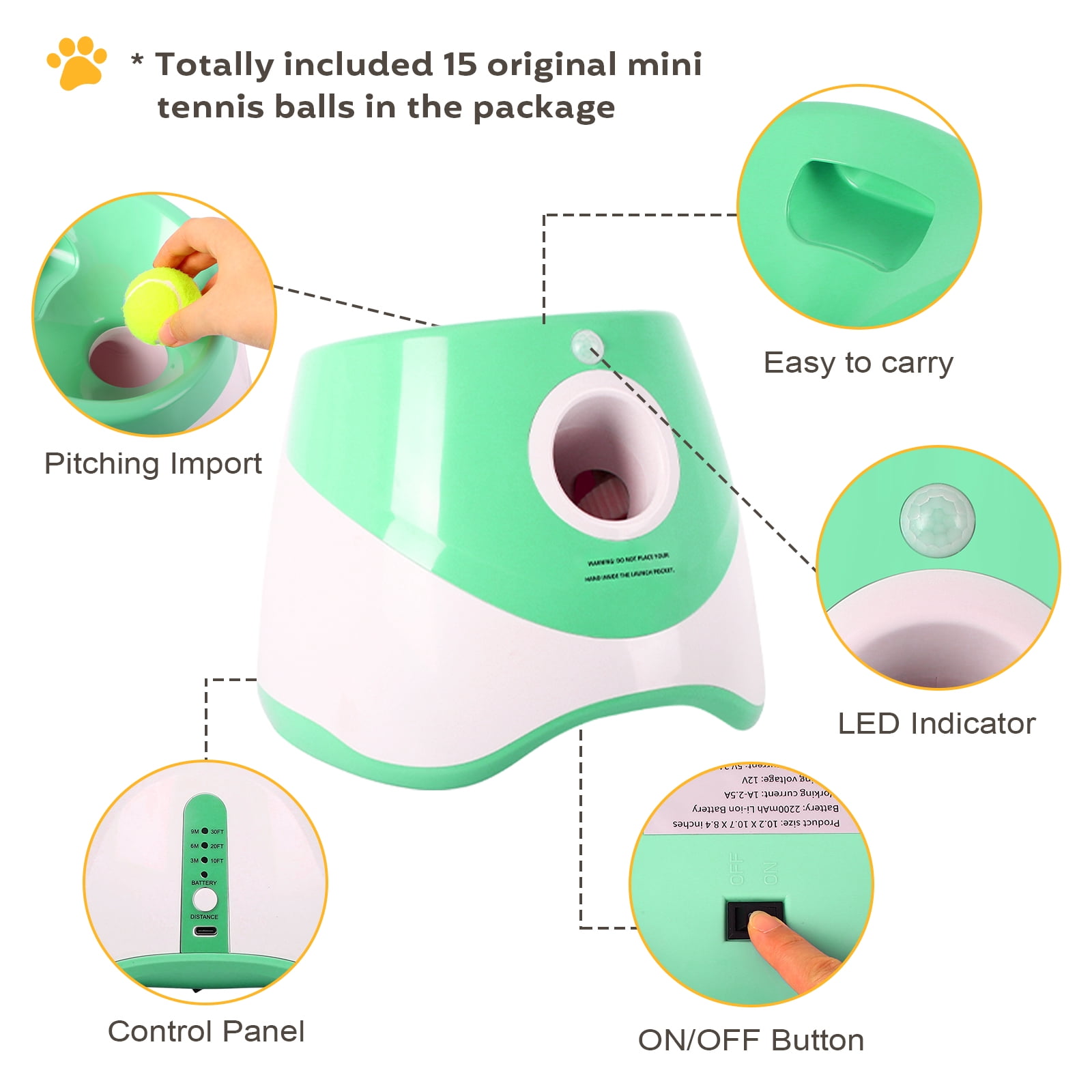 GYZJ Automatic Ball Launcher for Dogs,Interactive Dog Ball Thrower with 15x 2" Mini Tennis Balls for Small Dogs,Green
