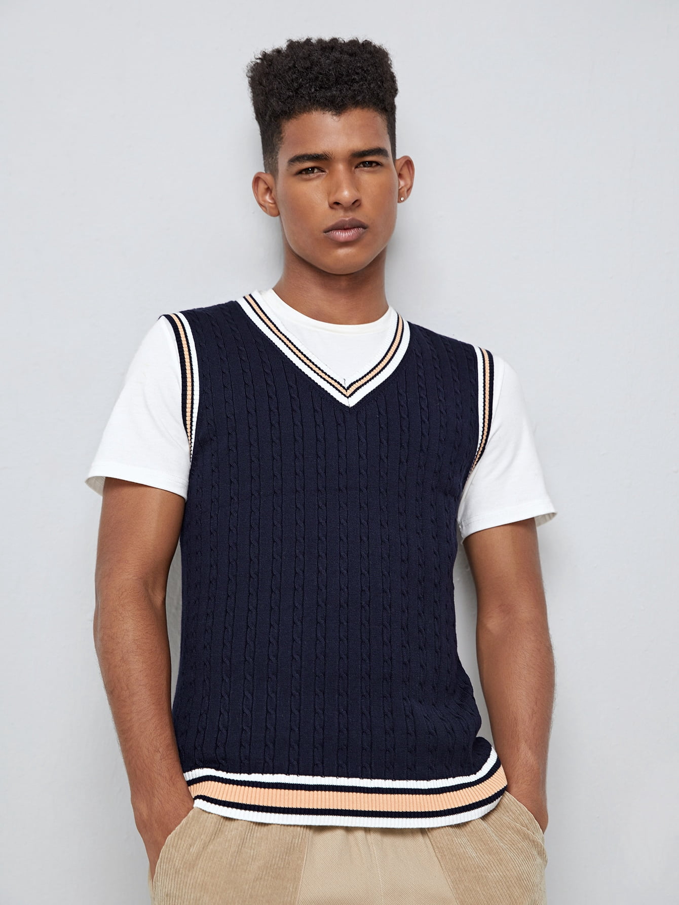 Royal Blue Men Striped Trim Cable Knit 