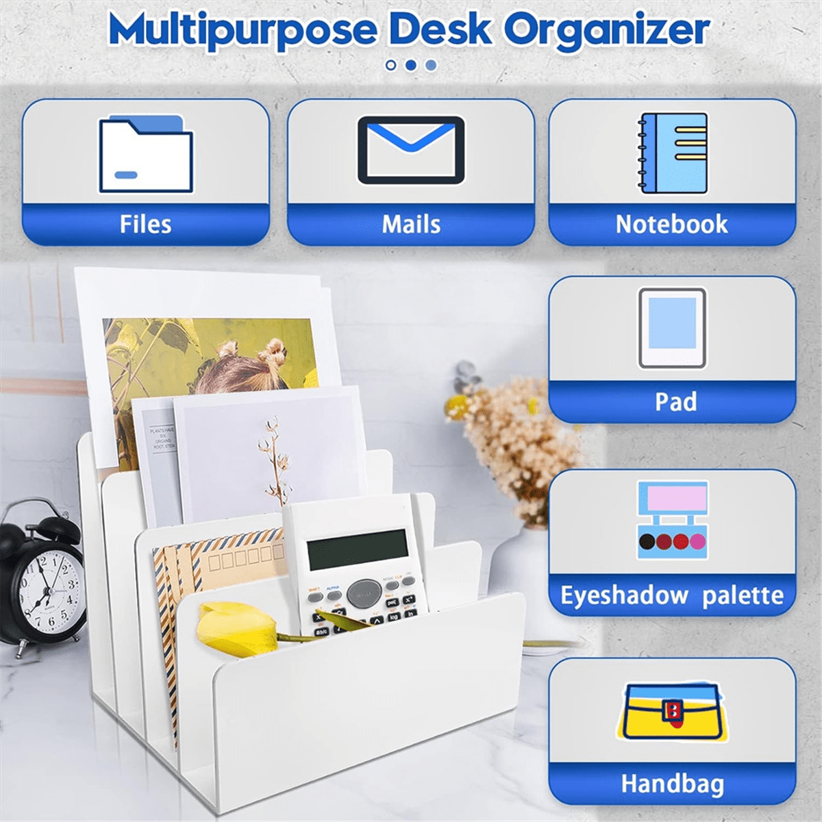 Desktop File Organizer, 4 Partition Desk Storage and Accessories Folder Sorter for Mail Stationery Electronics