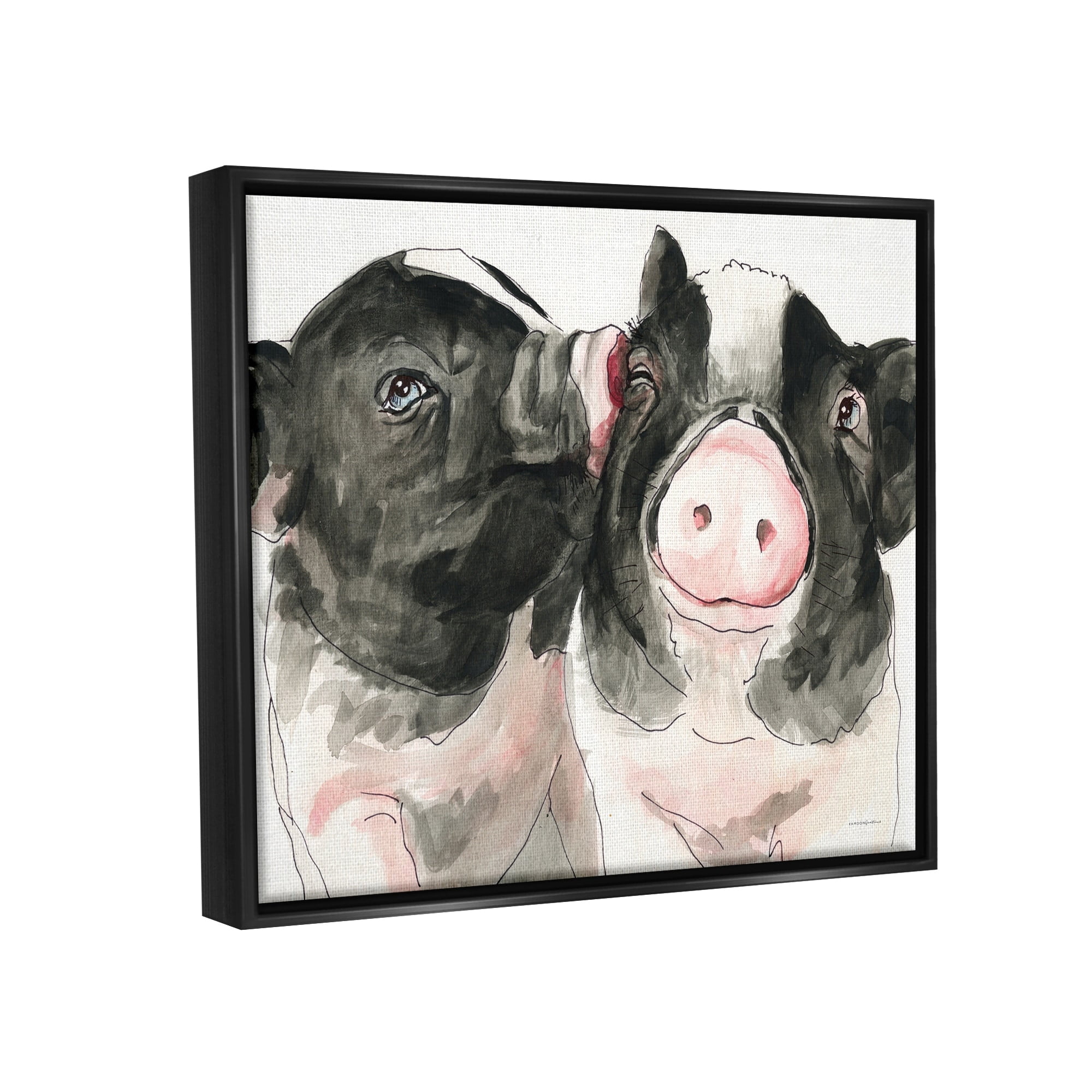 Stupell Industries Two Pigs Pink Snout Kiss Adorable Farm Animals Painting Jet Black Floating Framed Canvas Print Wall Art, Design by Kamdon Kreations