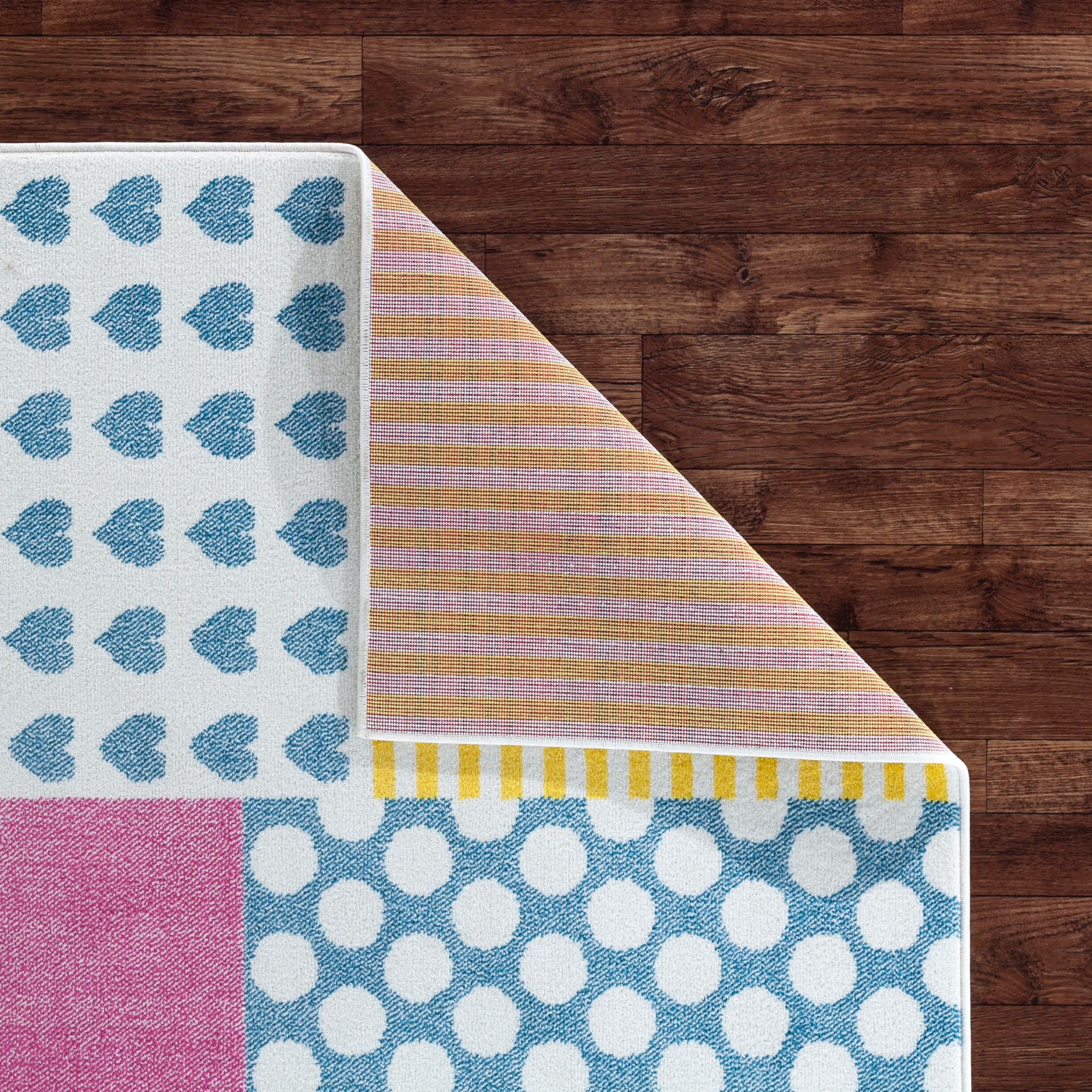 LR Home Ziv 1'10" x 3' Pink/Yellow Patchwork Durable Performance Children’s Indoor Area Rug