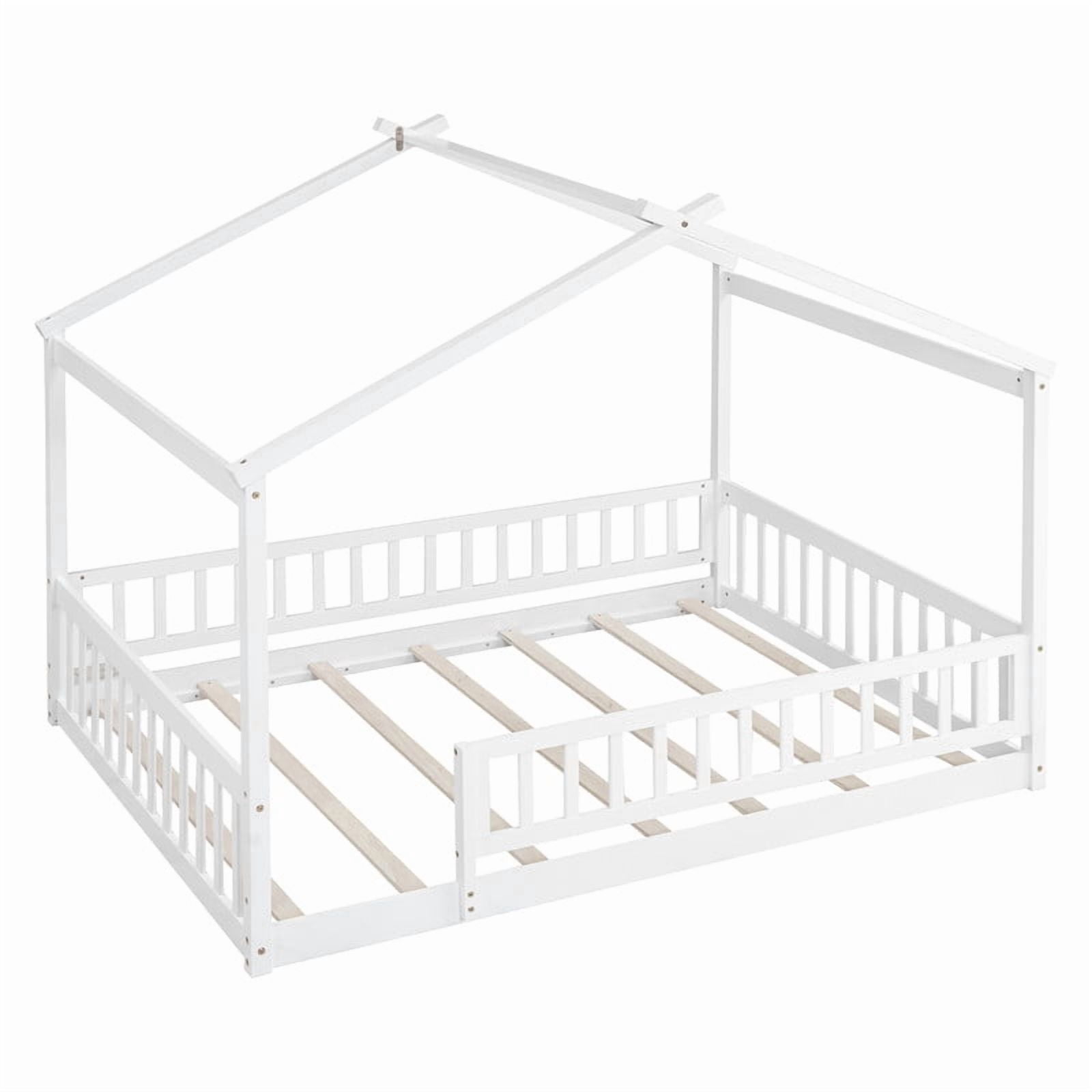 Full Size Wood House Bed with Fence and Roof Frame, Kids Floor Montessori Bed with Safety Guardrails, Sturdy Pinewood Playhouse Bed for Boys Girls