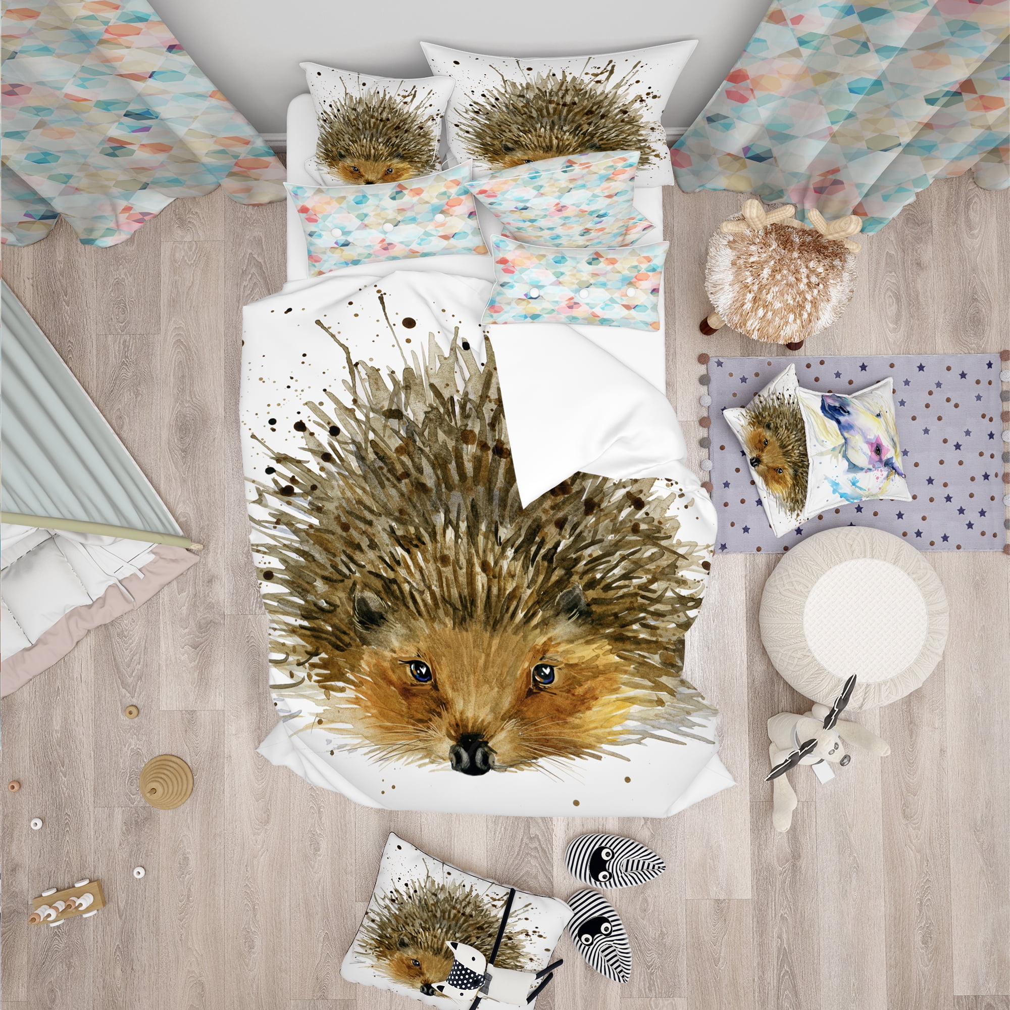 Designart 'Hedgehog Illustration Watercolor' Modern & Contemporary Duvet Cover Set