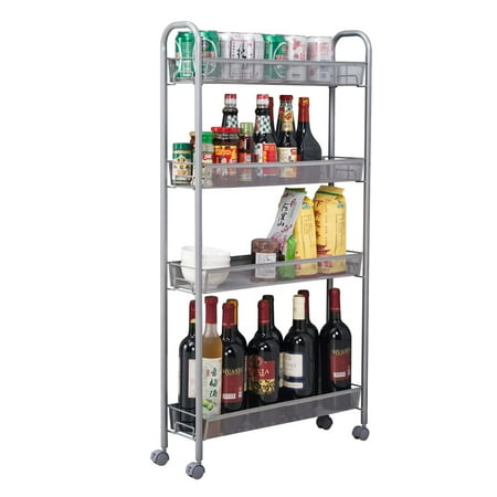 - 4-Tier Gap Kitchen Slim Slide Out Storage Tower Rack with Wheels, Cupboard with Casters - White, I5869
