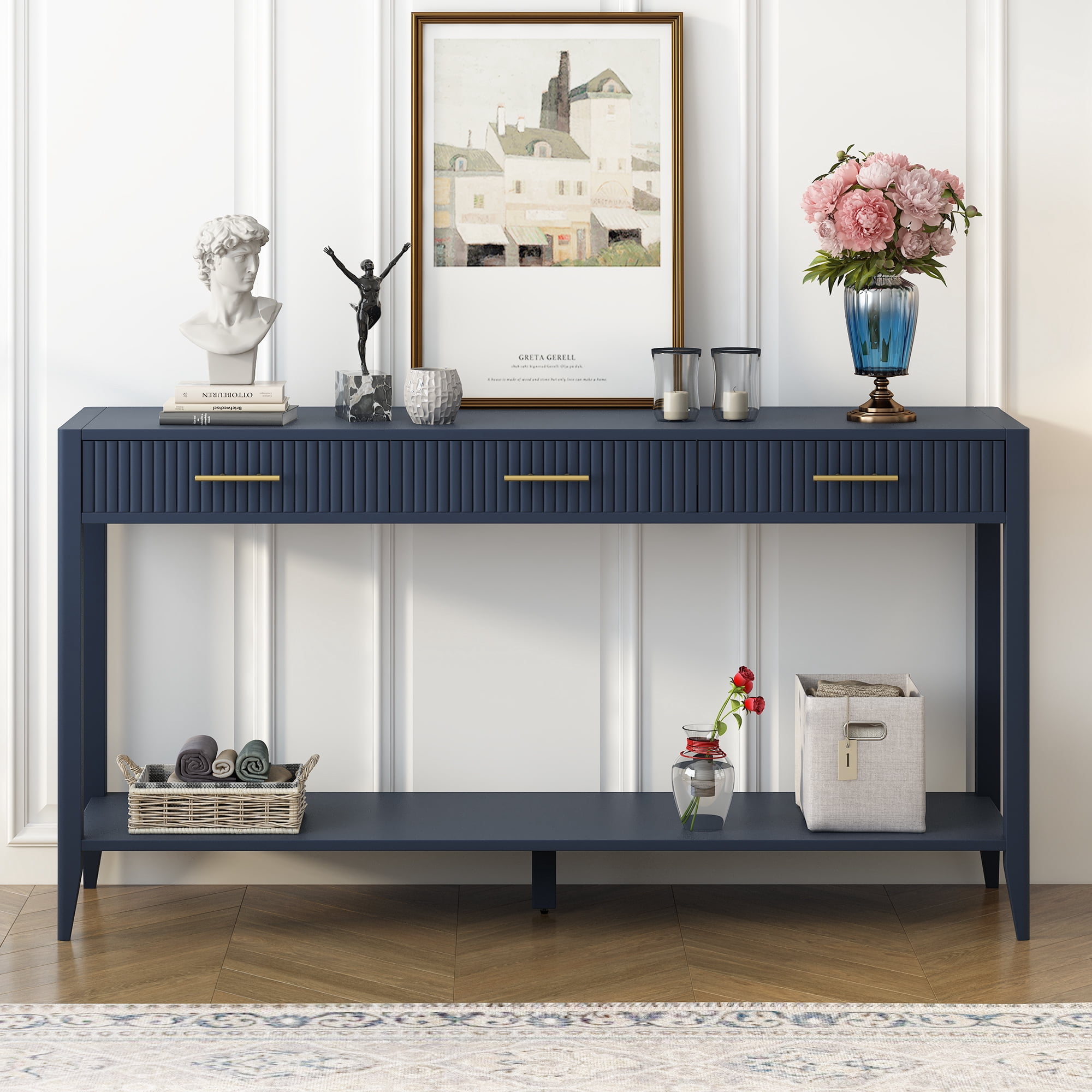 EUROCO 60" Long Console Table,Wood Sofa Table for Entryway with 3 Drawers,Vertical Stripe Drawers and Open Shelf for Living Room Hallway Foyer Office,Navy Blue