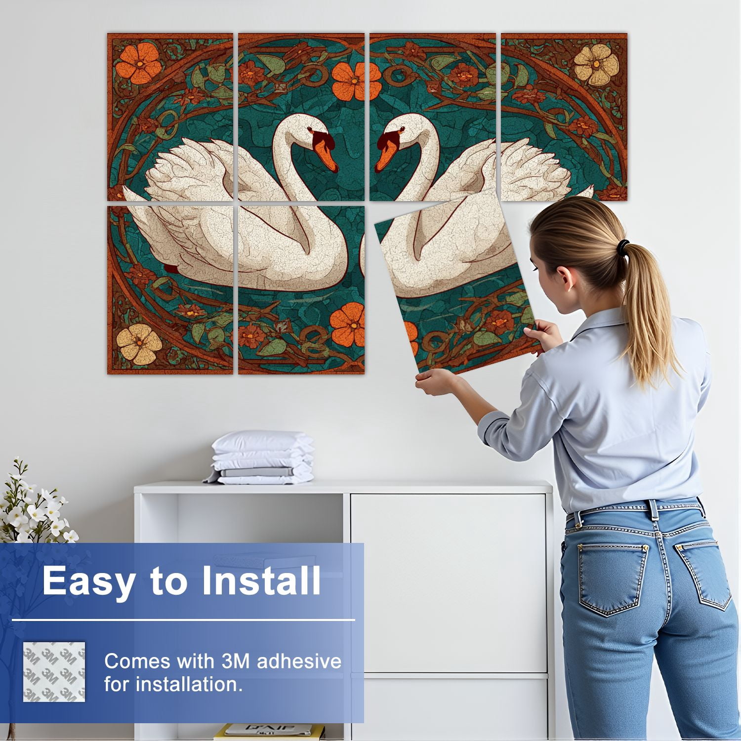 8 Pack Art Acoustic Panels Sound Absorbing Vintage Textured Romantic Swan Couple Victorian Framed Swan Art Decorative Soundproof Wall Panels Self Adhesive for Studio Home Office 48"x32"