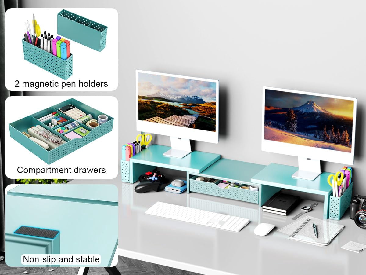 Metal Desk Organizers And Accessories  Dual Monitor Stand Riser With Drawer 2 Pen Holders & Workspace Desktop For Office Supplies (blue)