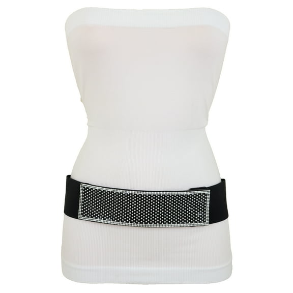 Women Elegant Fashion Belt Black Elastic Bling Long Plate Buckle S M