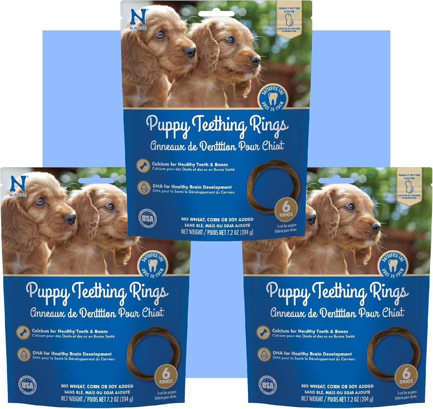 N-Bone Puppy Teething Rings for Puppies, Edible Puppy Chew Rings, Teething Relief for Puppies, Natural Puppy Chews, Soft Puppy Chews, Peanut Butter Flavor, 6-rings Bag x 3, 18 Count, 21.6 oz