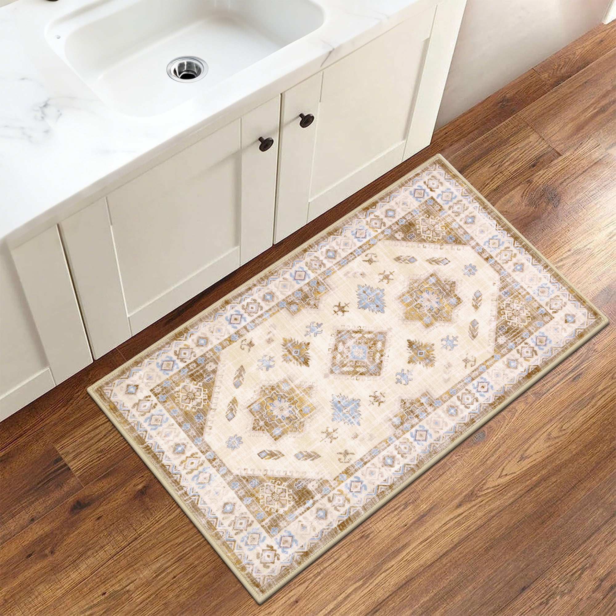 MeyJey Oriental Indoor Area Rug 2'x3' Non-Slip Machine Washable Vintage Distressed Floor Carpet for Living Room Bedroom Dining Kitchen Hallway, Beige/Brown