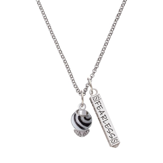 Delight Jewelry Silvertone Wide Zebra Print Spinners Silvertone Fearless Bar Charm Necklace, 23"