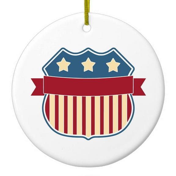 DistinctInk Hanging Ceramic Christmass Tree Ornament with Gold String - Great Gift / Present - 2 3/4 inch diameter - USA Badge Flag Red White & Blue