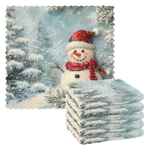 6 Pieces of Kitchen Towels 11x11Inch Kitchen Dish Cloths Kitchen Dish Towels Reuseable Cleaning Cloths Christmas Snow Man