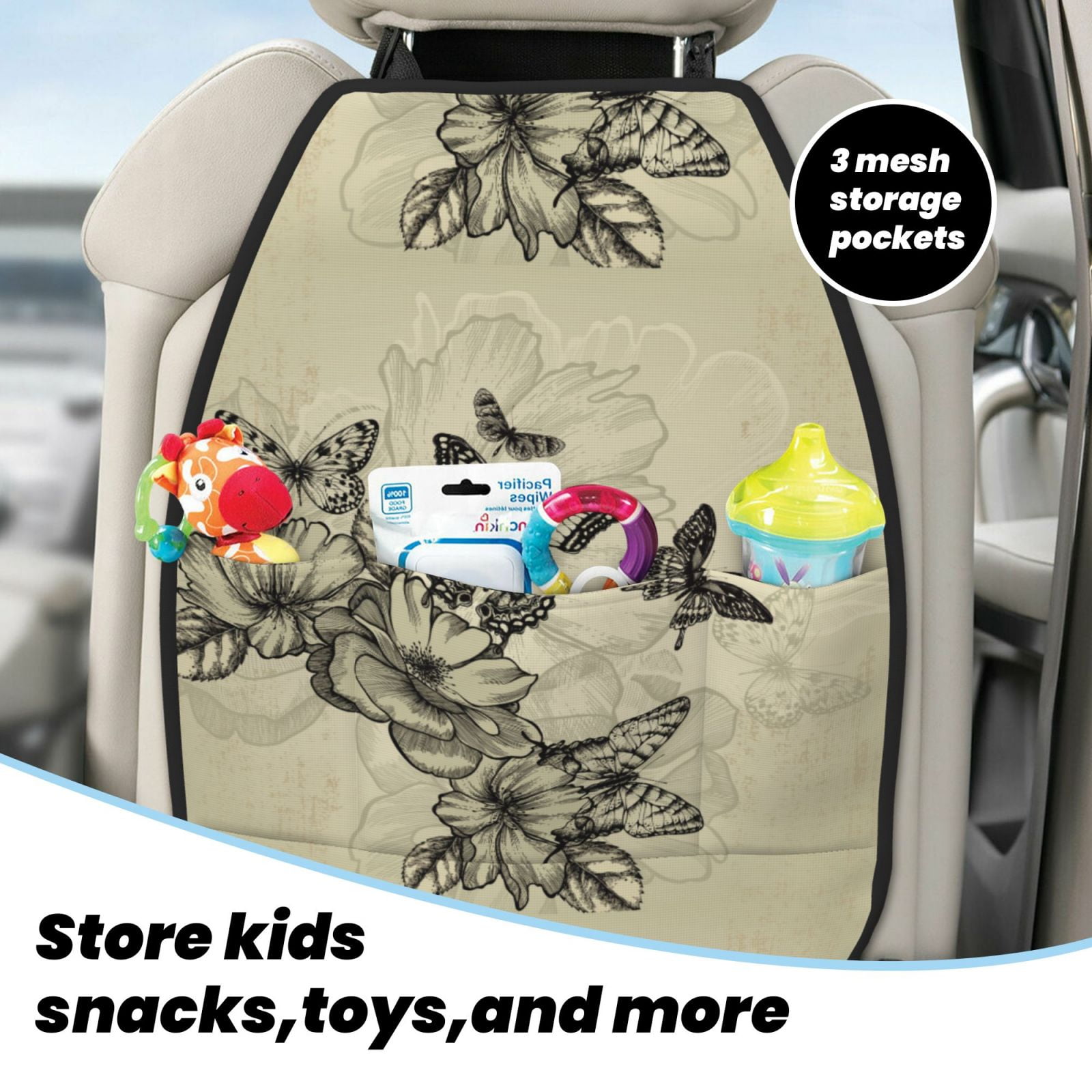 Xecao Vintage Floral Pattern Car Seat Back Protector 2 Pack Large Capacity Pocket, Kick Mats Back Seat Protector