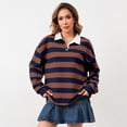 thumbnail image 6 of Women Long Sleeve Striped Polo Shirt Oversized Collar Y2k Pullover T Shirt Casual Loose Streetwear Rugby Sweatshirt，Coffee，2XL, 6 of 6