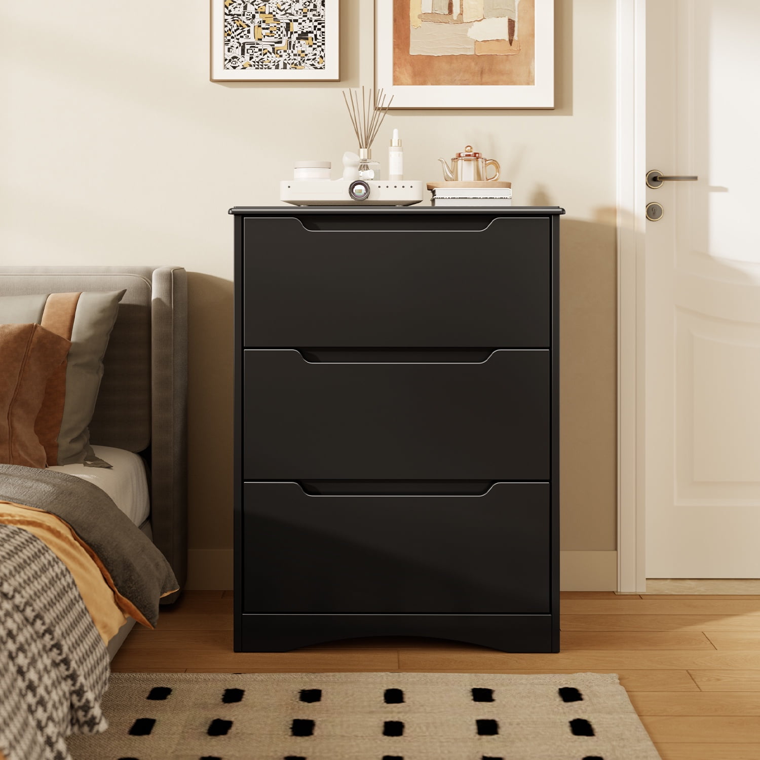 Asofer 3 Drawer Dresser, Chest of Drawers for Bedroom, Living Room, Nightstand, Black
