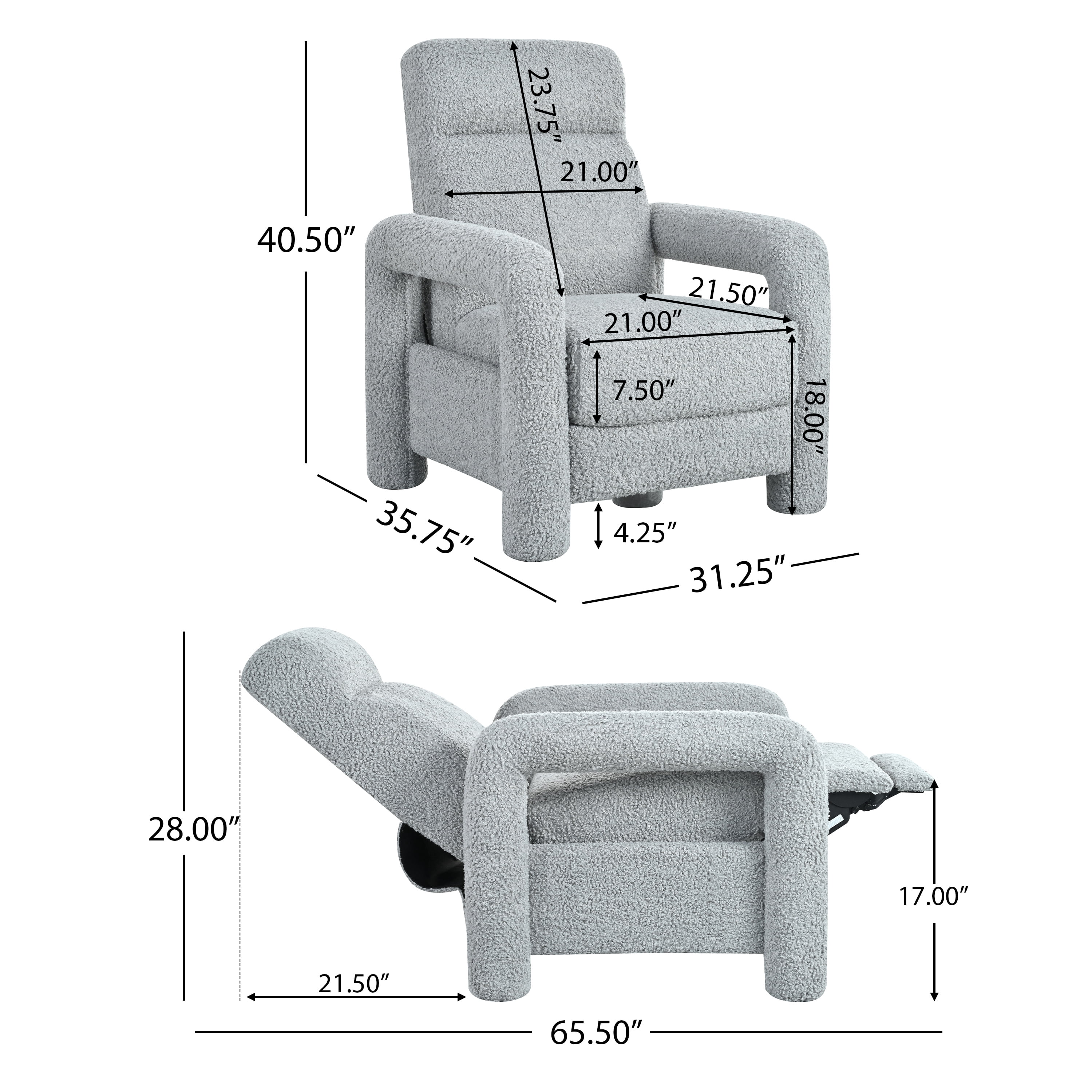 Euroco Teddy Fleece Push Back Recliner Chair, 3-Position Adjustable Armchair with Anti-Slip Legs & Ergonomic Design – Plush Accent Chair