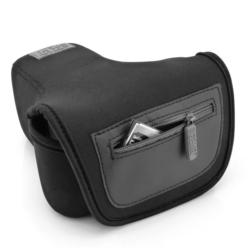 Neoprene Camera Strap and Camera Case Black with Quick Release Buckles and Accessory Storage Pockets by USA Gear - Works with Canon , Fujifilm , Nikon , Olympus , Sony and More Cameras