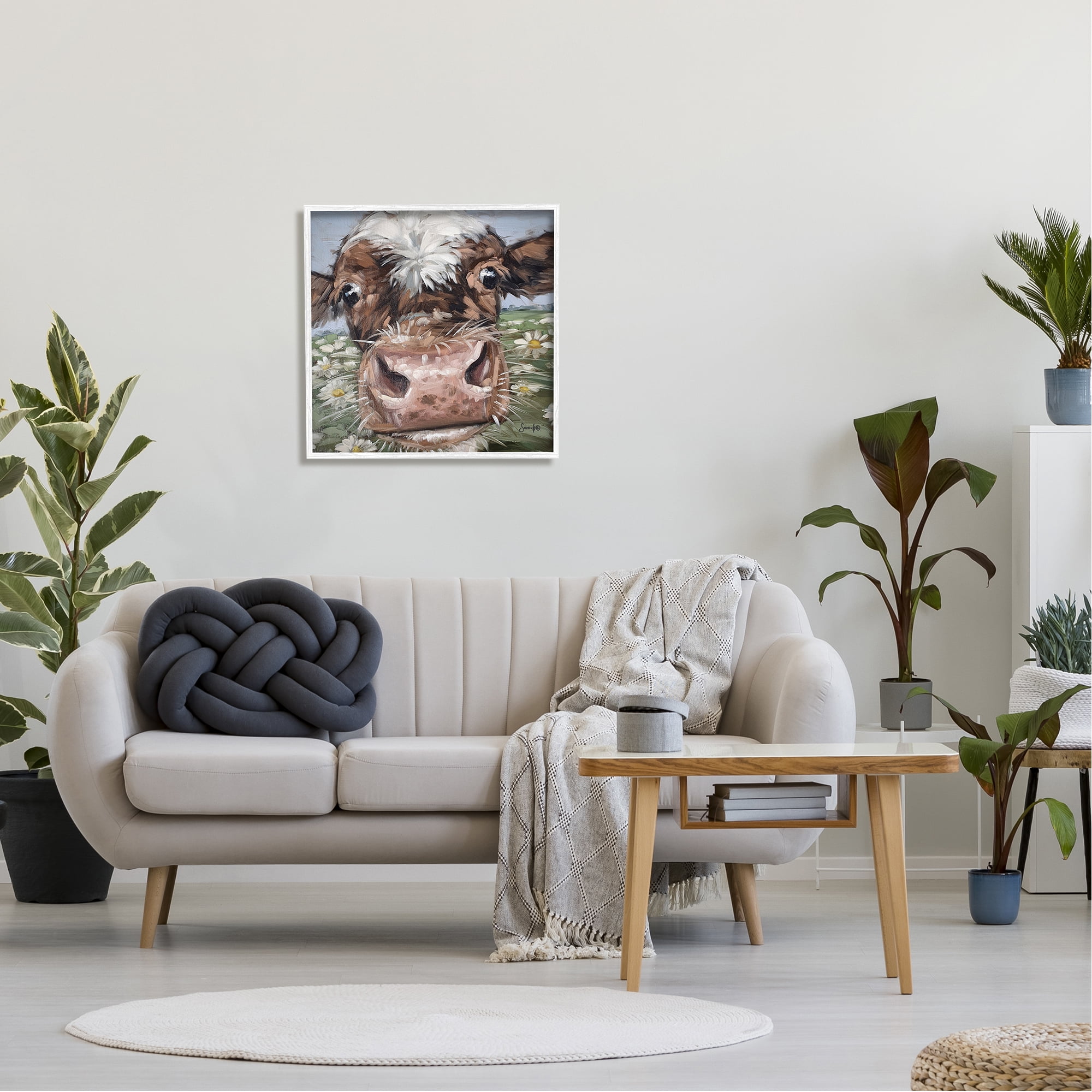 Stupell Close Up Cow Daisy Meadow Painting Animals & Insects Painting White Framed Art Print Wall Art