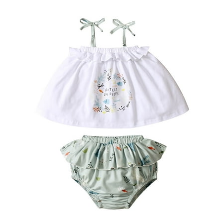 

Fesfesfes Toddler Kids Baby Sling Lace Neckline Printed Top Pleated Shorts Suit
