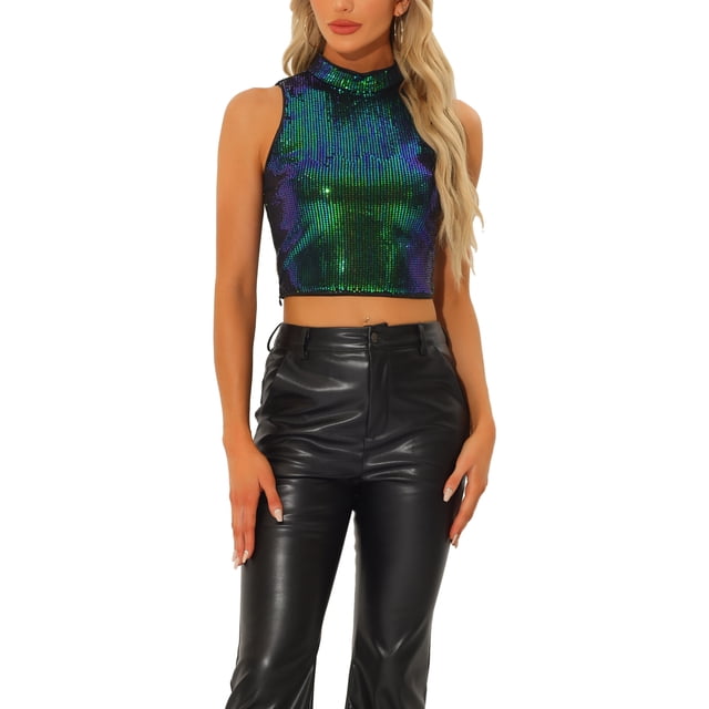 TOP CROP METÁLICO INSPIRADOR PARA MUJERES SIN MANGAS, BRILLANTE Y CON LENTEJUELAS, TALLA XL, VERDE AZUL