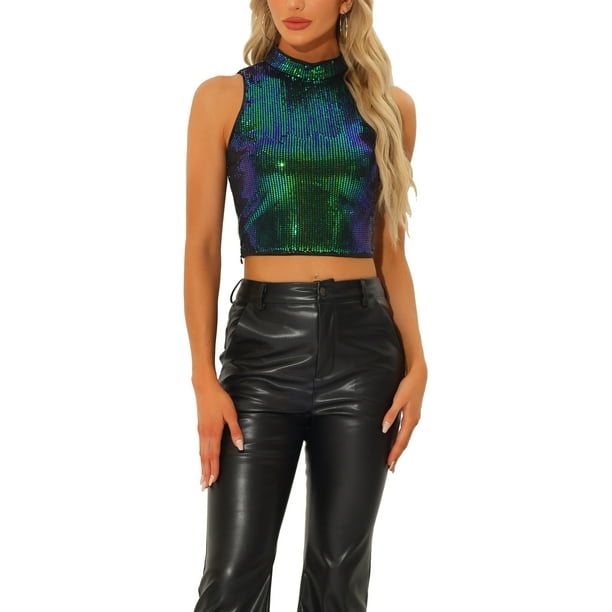 TOP CROP METÁLICO INSPIRADOR PARA MUJERES SIN MANGAS, BRILLANTE Y CON LENTEJUELAS, TALLA XL, VERDE AZUL