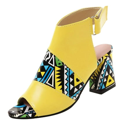 

Women s Chunky High Heels Ethnic Tribe Print Boho Heeled Sandals Casual Summer Cut Out Peep Toe Slingback Ankle Boots Booties