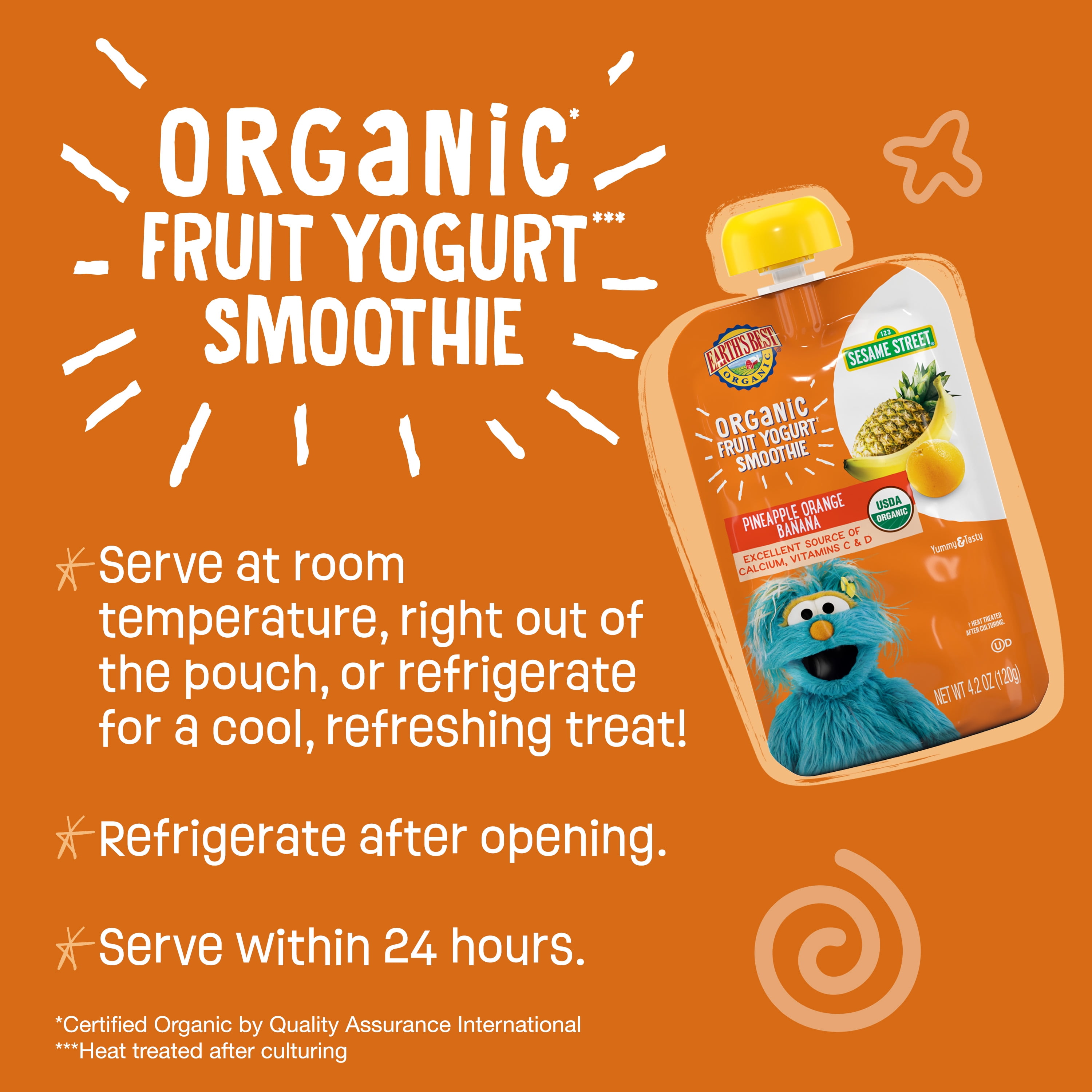 Earth's Best Organic Fruit Yogurt Smoothie Toddler Food, Pineapple Orange Banana, 4.2 oz Pouch